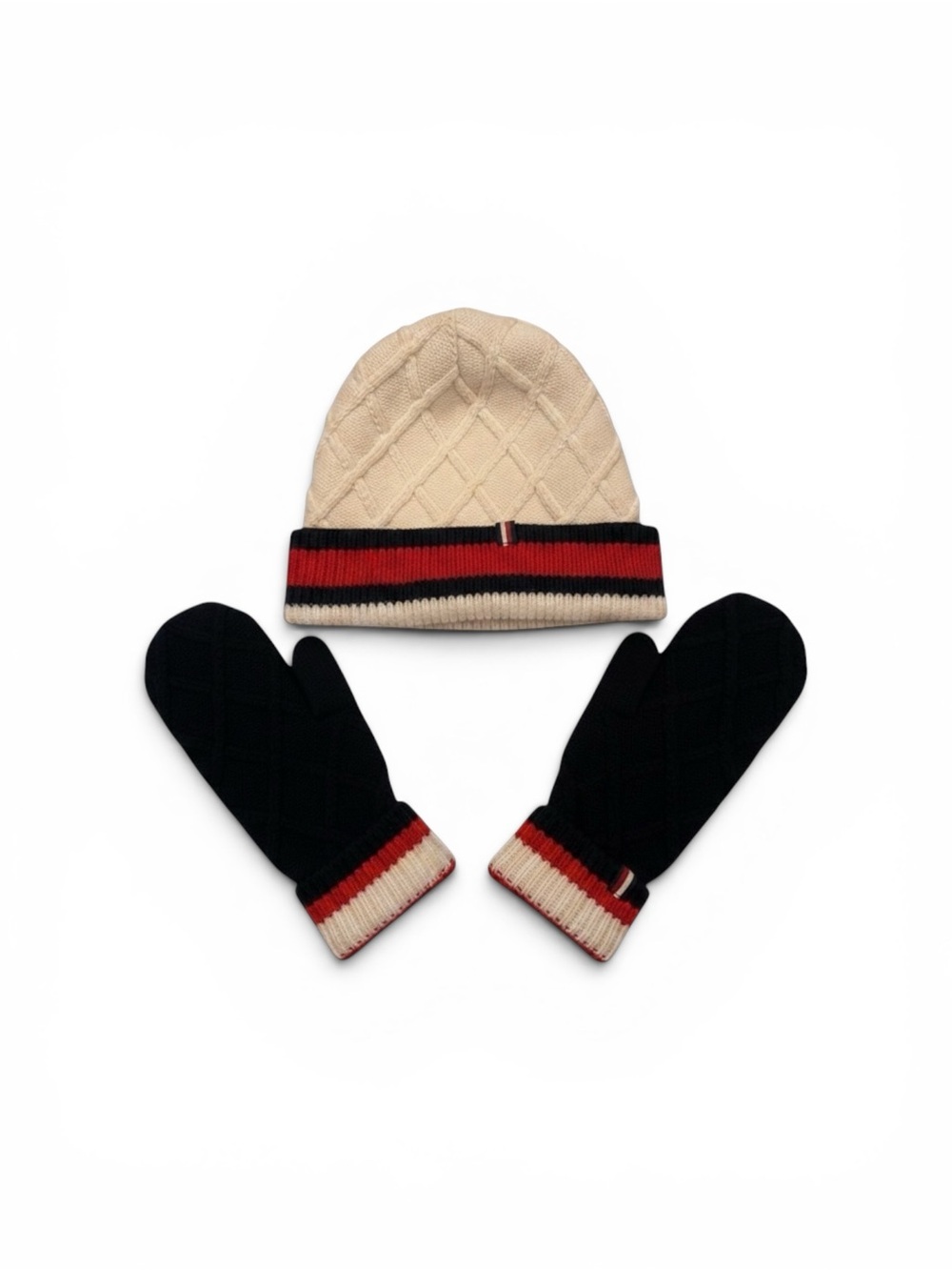 Vintage Tommy Hilfiger Cream and Black Knit Hat and Mittens Set